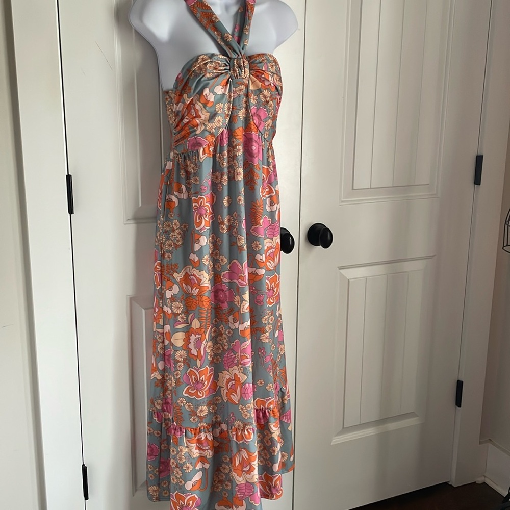 Grace Karin Halter Maxi Dress with Pink and Orange Floral